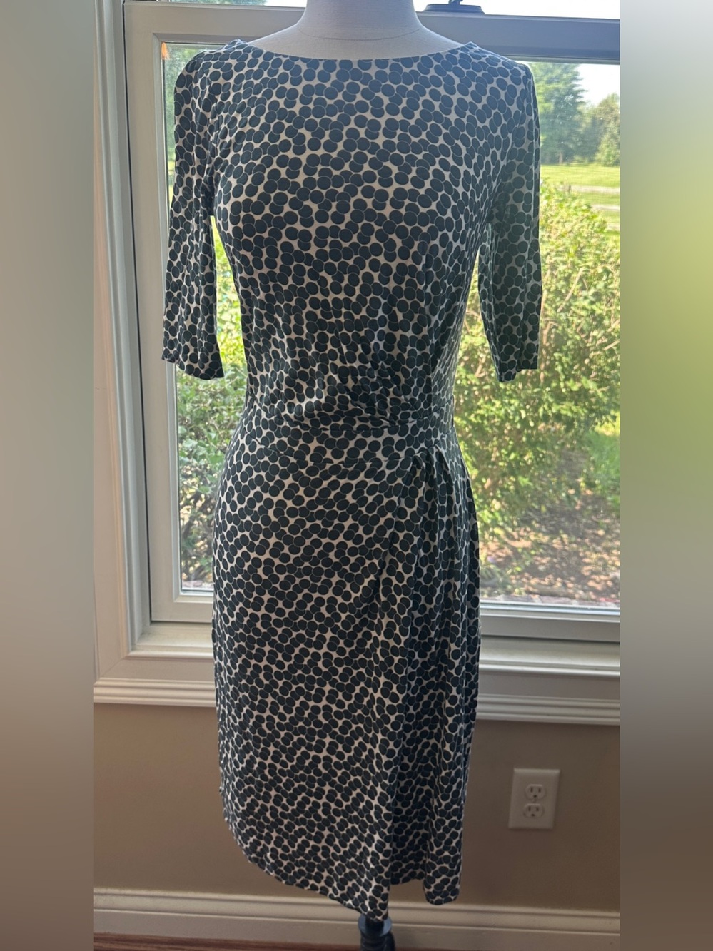 Boden Annie Slate Gray Polka Dot Spotted Print Ruched Jersey Dress Size 4 Tencel